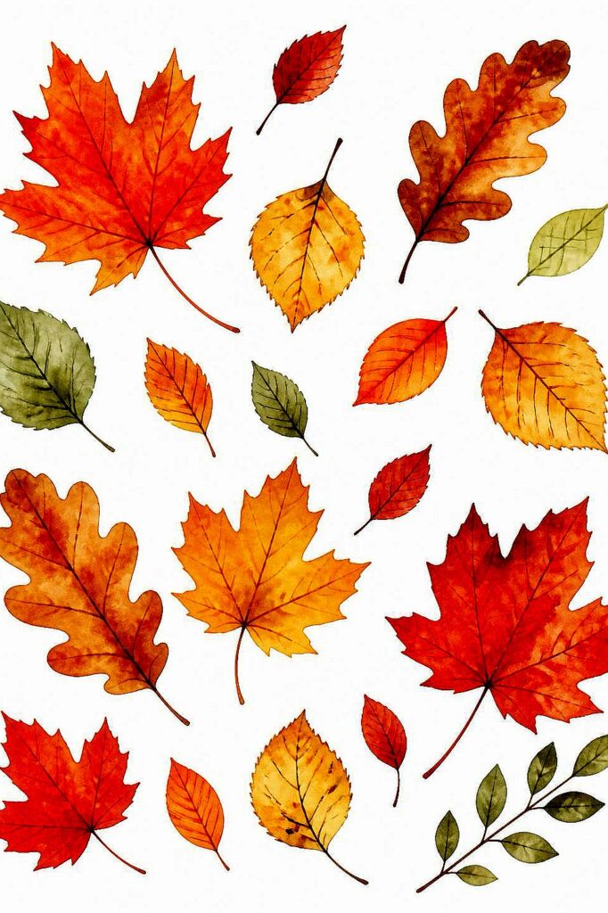 Colorful watercolor autumn leaves in red, orange, yellow, and green shades.