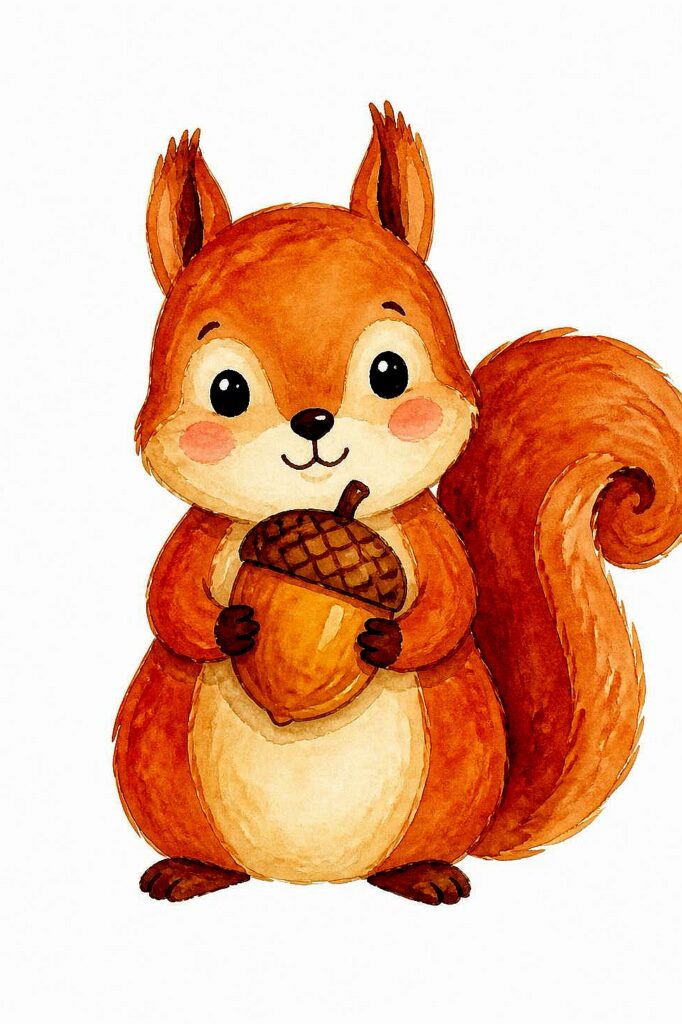 Adorable watercolor squirrel holding an acorn, perfect for fall-themed art.