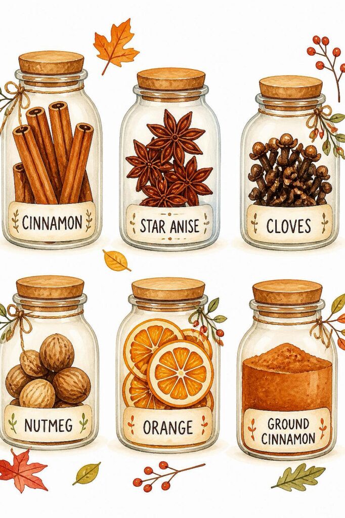 Watercolor illustration of cinnamon, star anise, cloves, nutmeg, orange slices, and ground cinnamon.