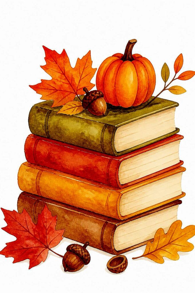 Watercolor autumn scene with stacked books, pumpkin, leaves, and acorns.