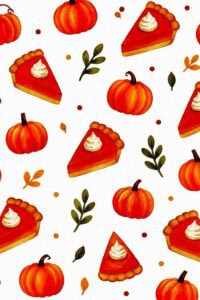 Watercolor pumpkins and pumpkin pie slices with leaves for fall decor.