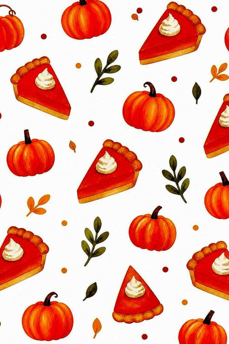 Watercolor pumpkins and pumpkin pie slices with leaves for fall decor.
