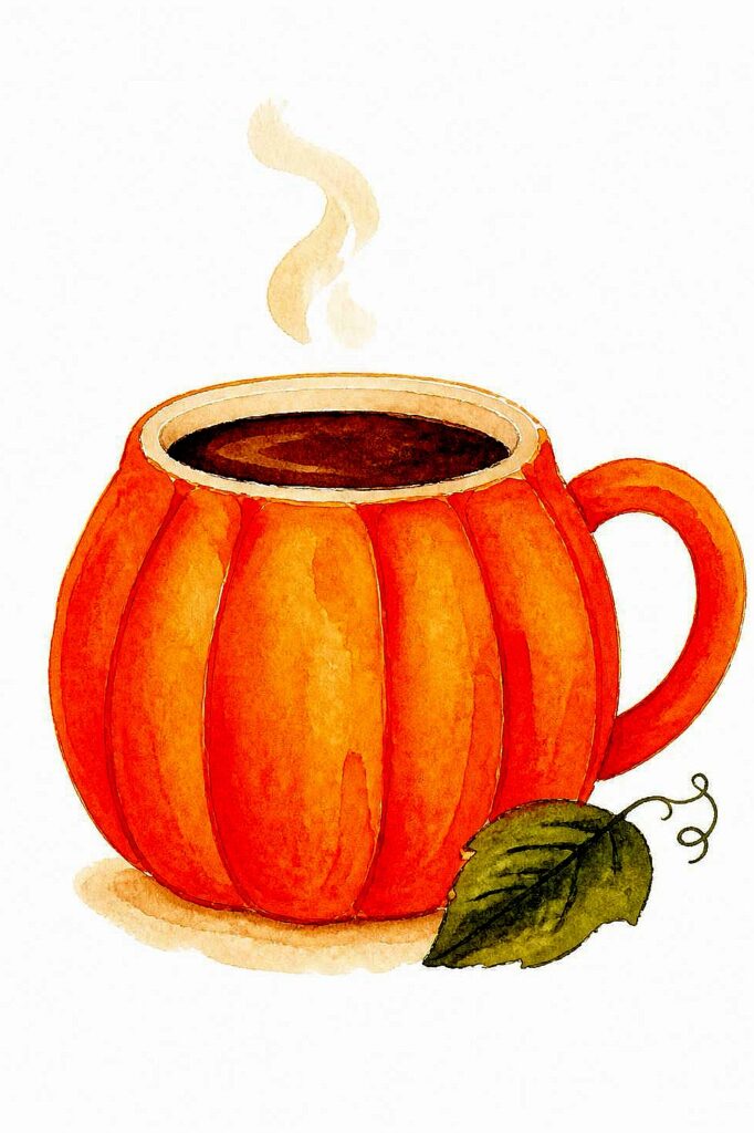 Watercolor pumpkin mug with steam and a leaf for fall watercolor art.