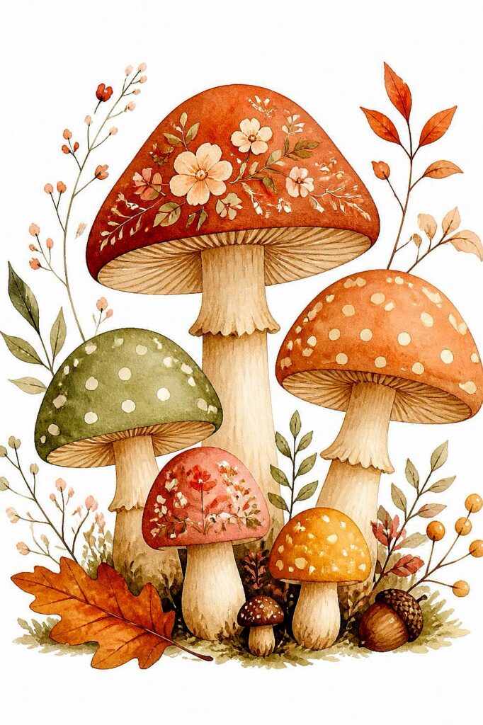Watercolor painting of colorful autumn mushrooms with leaves and foliage.