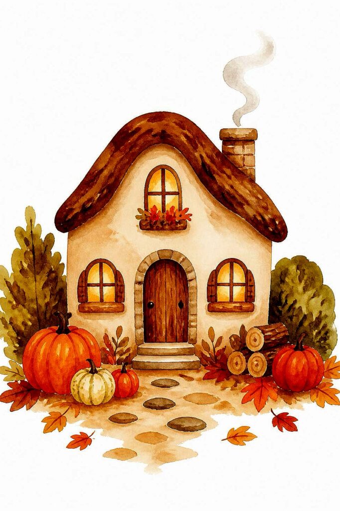 Watercolor of a cozy autumn cottage with pumpkins and fall leaves.