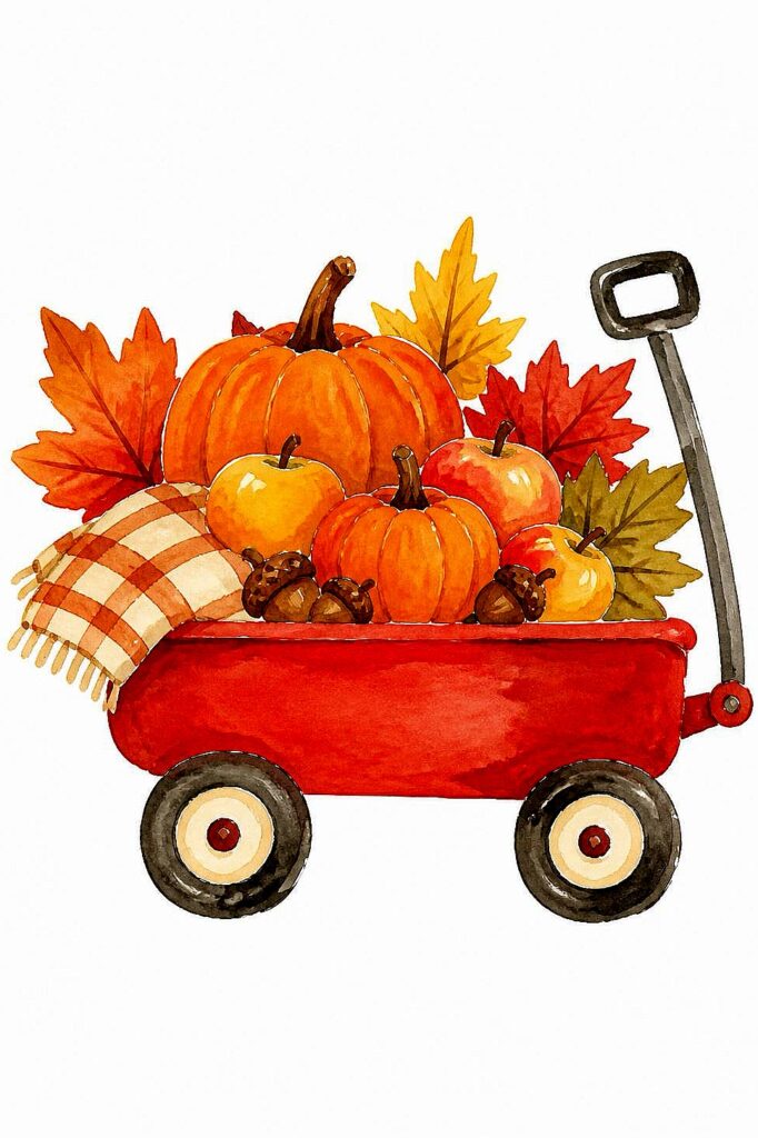 Watercolor fall pumpkins in a red wagon with autumn leaves and a checkered cloth.