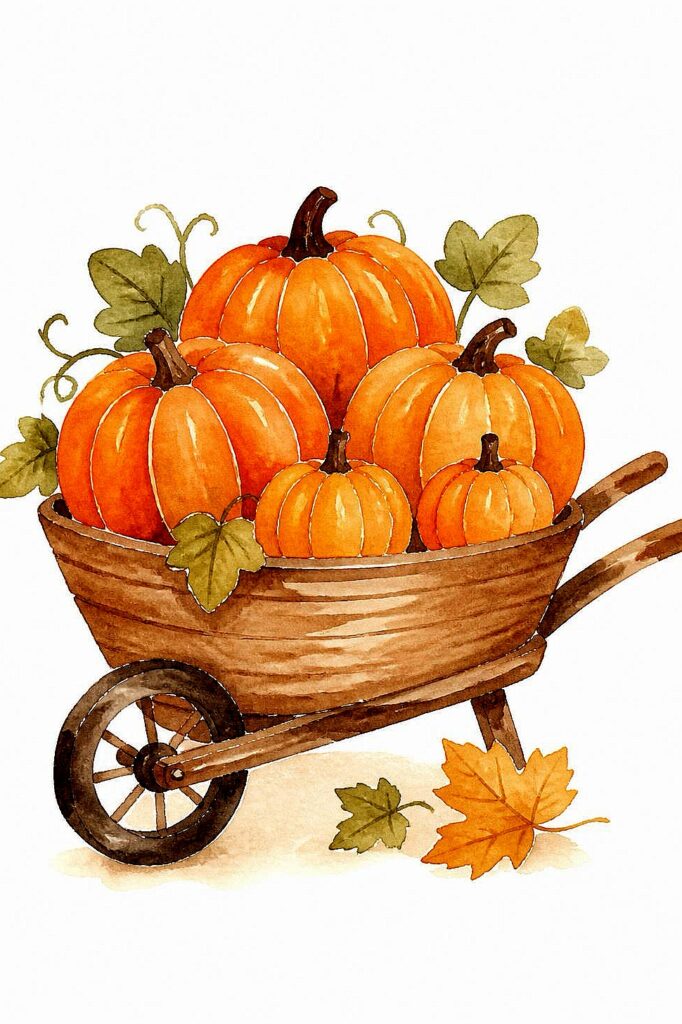 Watercolor pumpkins in a wheelbarrow with autumn leaves for fall decor.