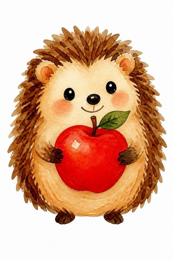 Adorable watercolor hedgehog holding a red apple for fall watercolor art.