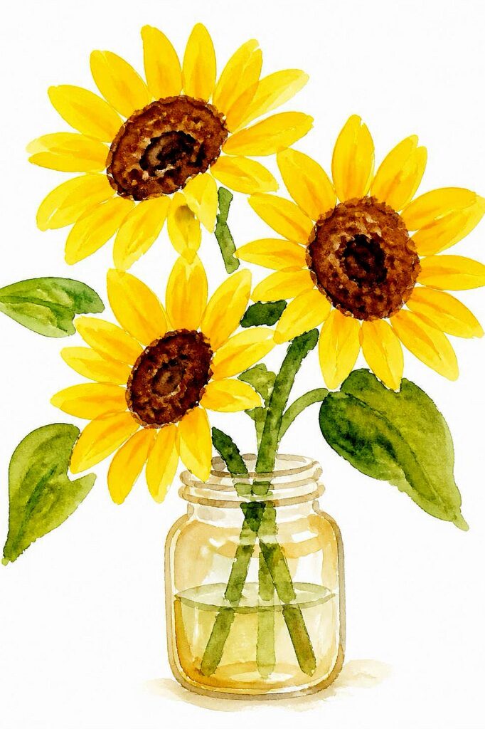 Bright yellow sunflowers in a glass jar watercolor illustration.