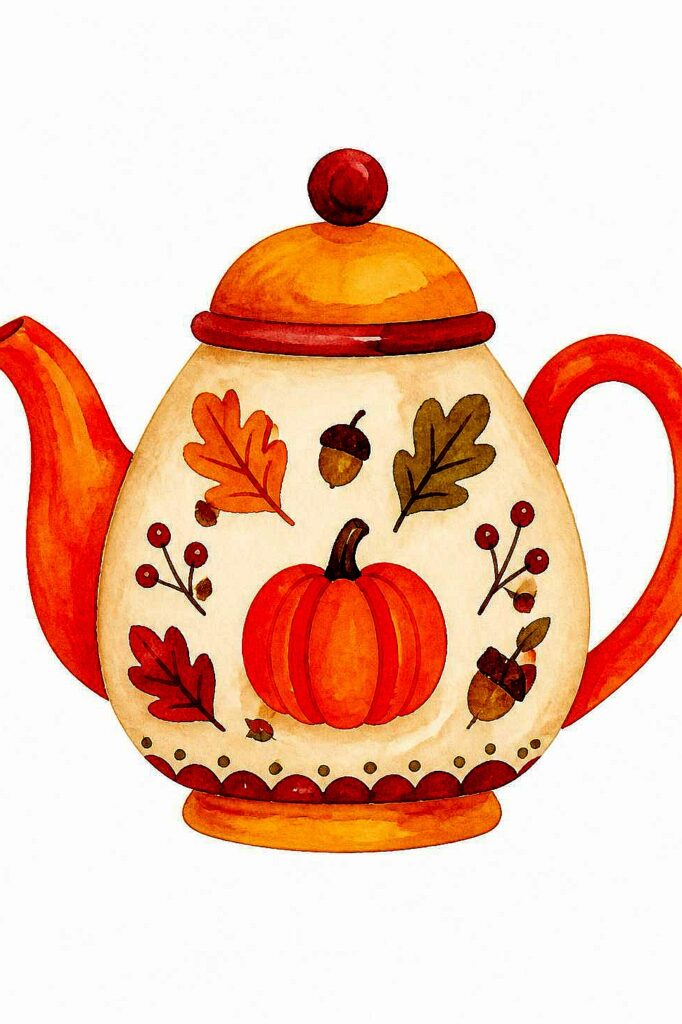 Watercolor teapot with pumpkins, leaves, and acorns for fall decor.