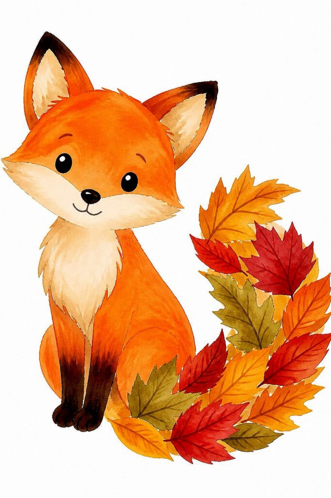 Adorable watercolor fox surrounded by colorful autumn leaves for fall art.