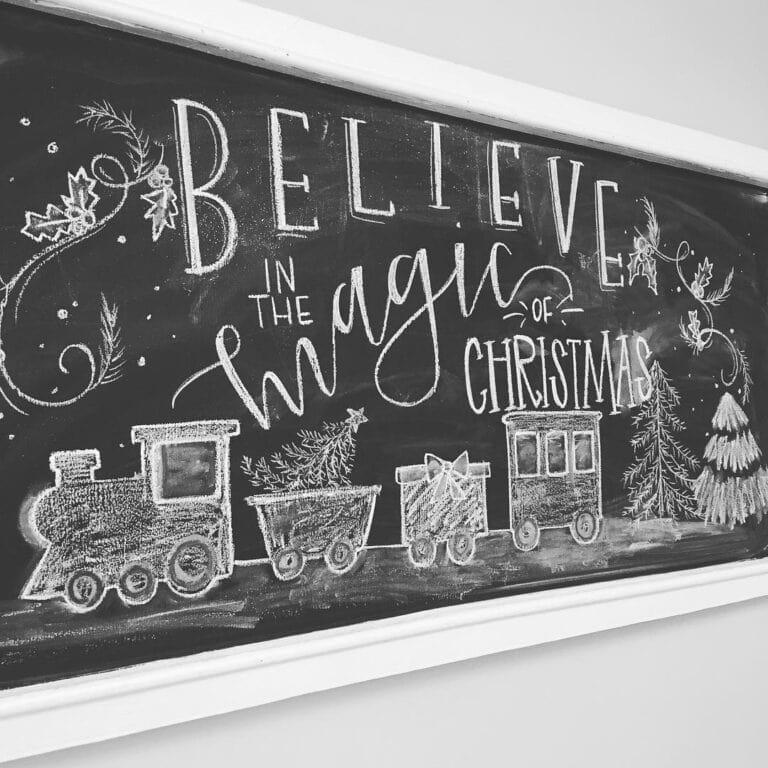 Festive chalkboard art with train, trees, and holiday message for Christmas.