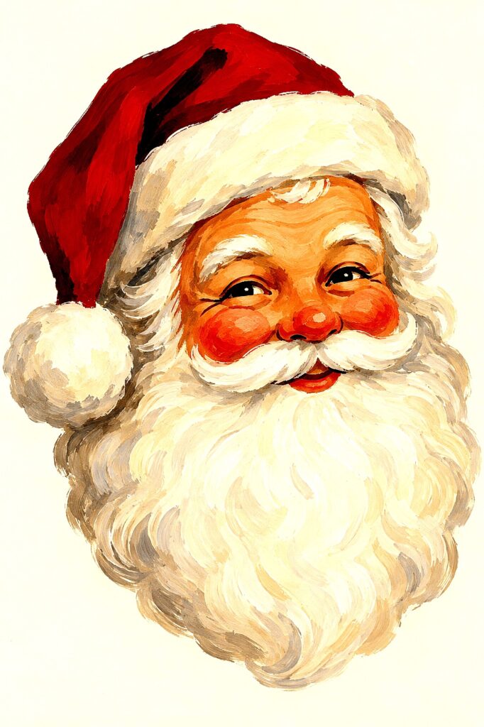 Festive Santa face with red hat and white beard for Christmas decor.