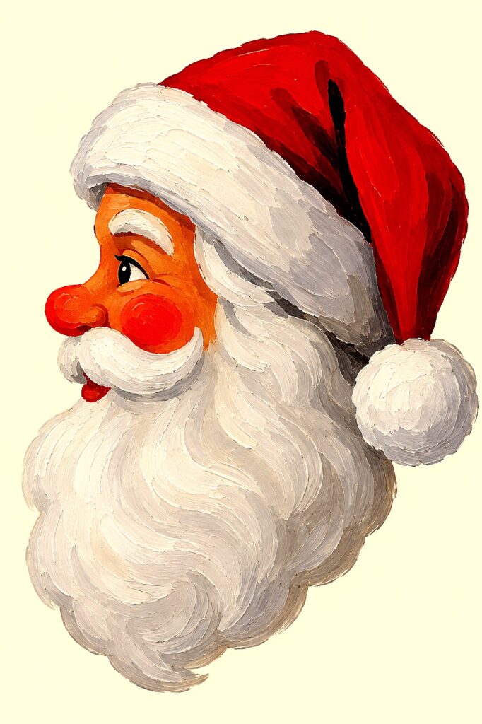 Colorful Santa face with red hat, white beard, and cheerful expression.