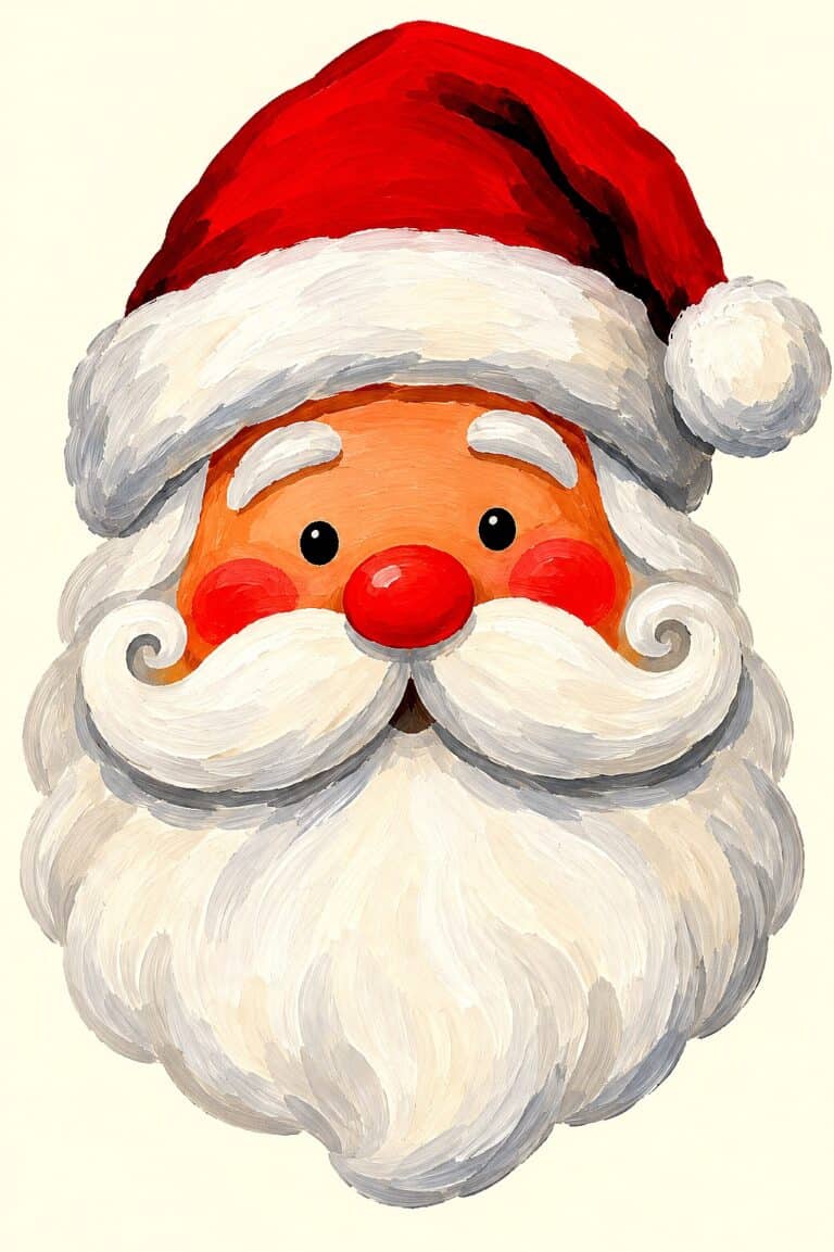 Festive Santa face with red hat, white beard, and cheerful expression.