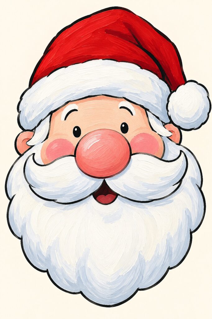 Cute Santa face with red hat, white beard, and rosy cheeks for holiday art.