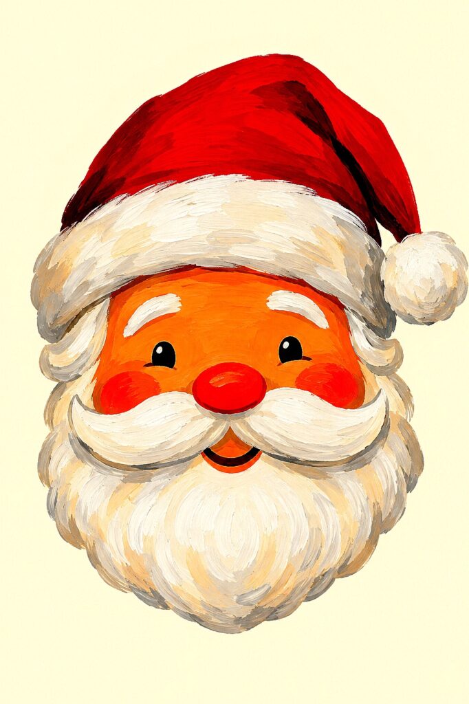 Colorful Santa face with red hat, white beard, and cheerful expression.