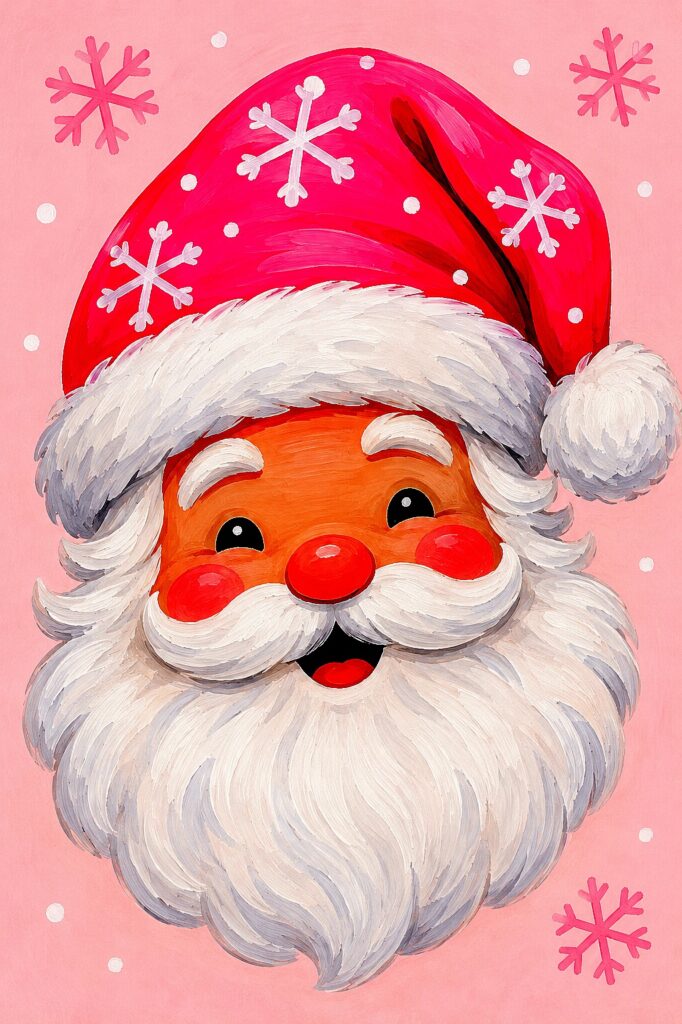 Cheerful Santa with a red hat and white beard, surrounded by snowflakes.
