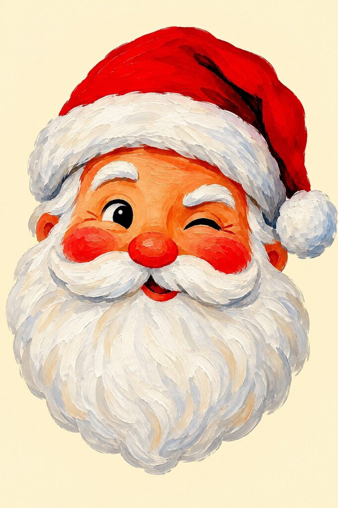 Colorful Santa face with a red hat, white beard, and cheerful expression.
