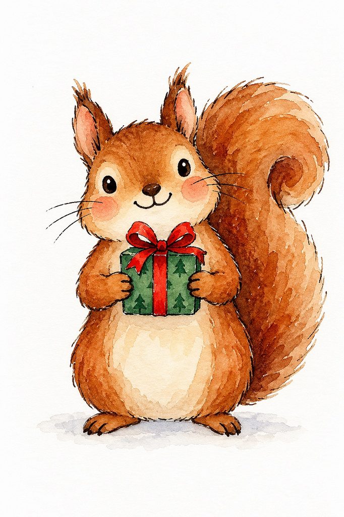 Adorable watercolor squirrel holding a Christmas gift for holiday cards.