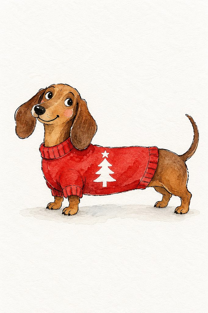 Adorable dachshund wearing a red Christmas sweater with a white tree design.