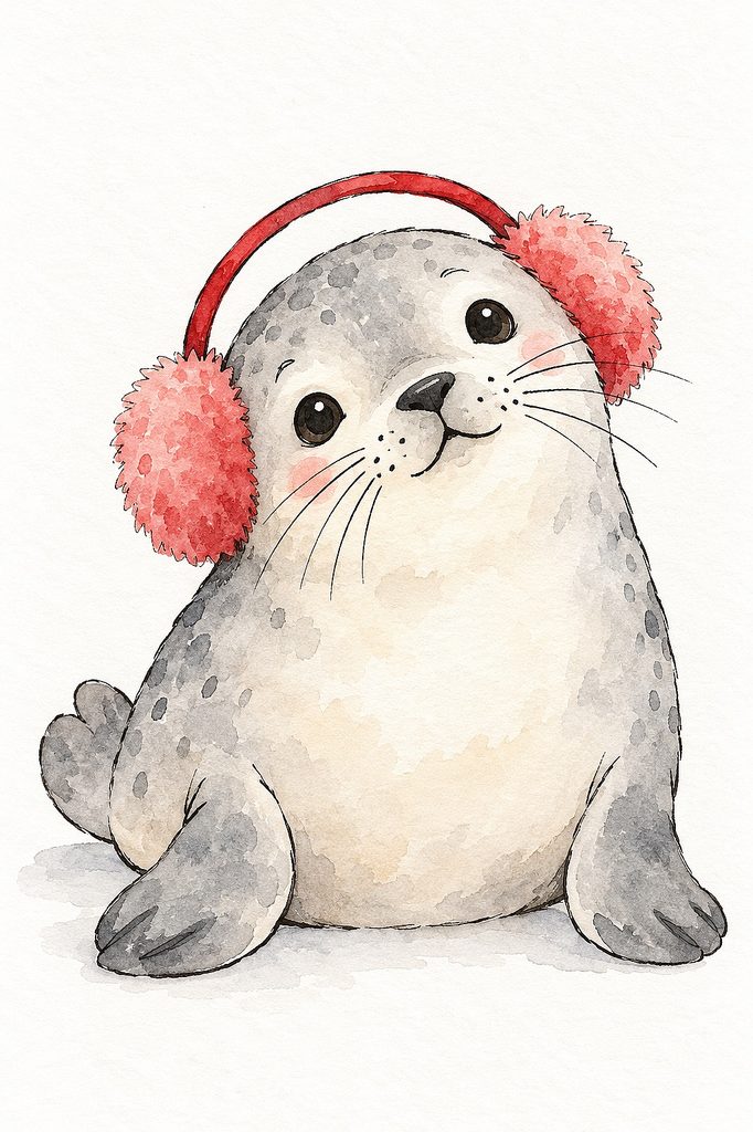 Adorable watercolor seal with pink earmuffs and headphones for Christmas cards.