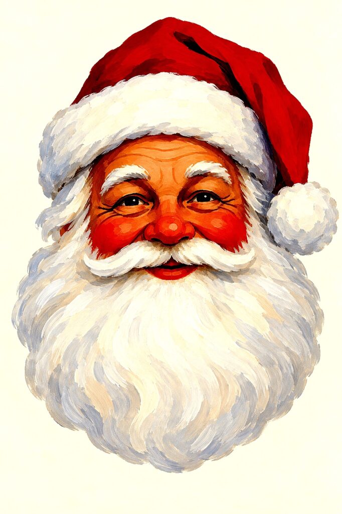 Festive Santa face with red hat, white beard, and cheerful expression for holiday decor.