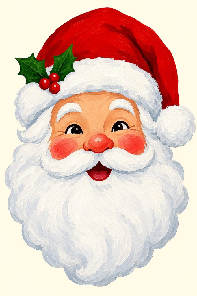 Colorful Santa face with a red hat, white beard, and holly leaves for holiday decor.