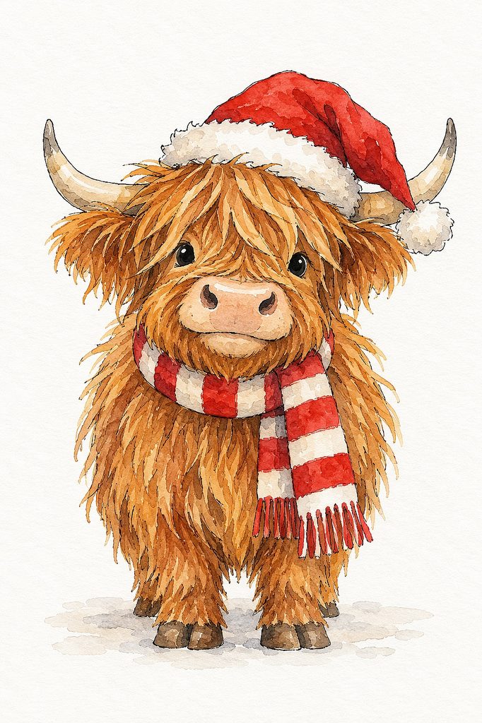 Adorable Highland cow wearing a Santa hat and red-and-white scarf in watercolor style.