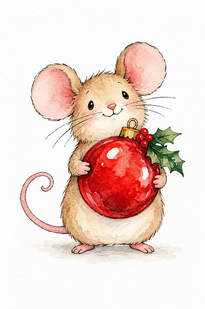 Adorable watercolor mouse holding a red Christmas ornament with holly leaves.