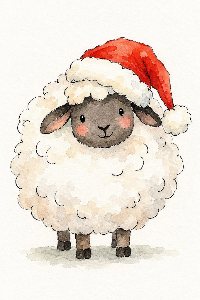 Adorable watercolor sheep wearing a Santa hat for Christmas cards.