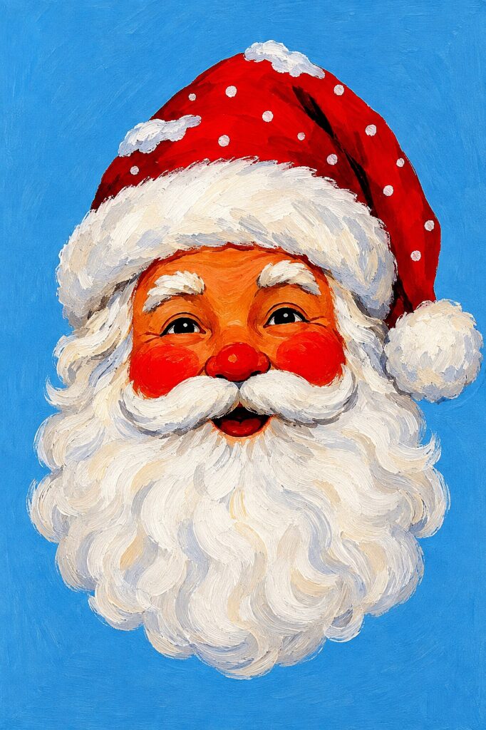 Festive Santa face with red hat, white beard, and cheerful expression for holiday decor.