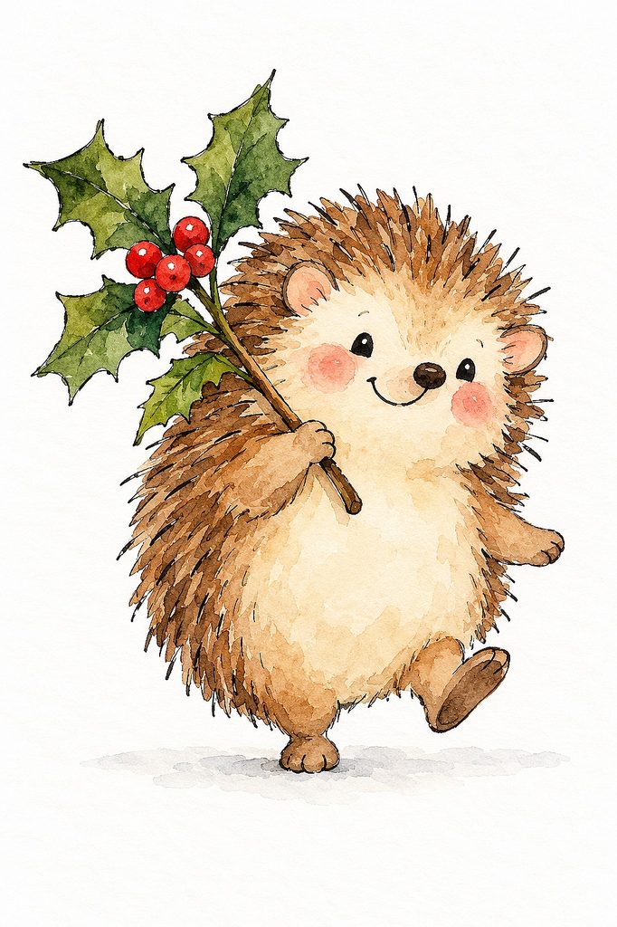 Cute watercolor hedgehog holding holly for Christmas cards.