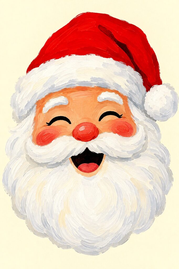 Cheerful Santa face with red hat, white beard, and joyful expression for holiday decor.