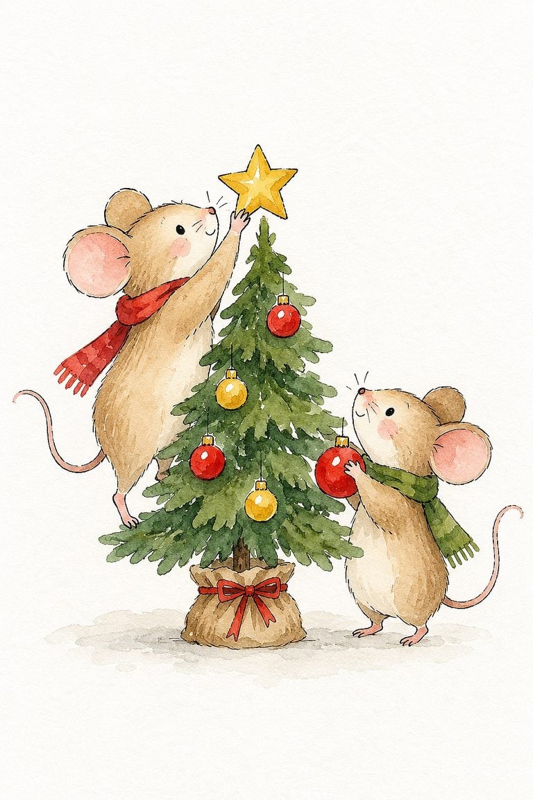Cute watercolor mice decorating a Christmas tree with ornaments and star.