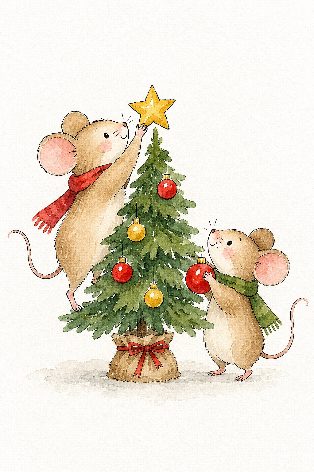 Cute watercolor mice decorating a Christmas tree with ornaments and star.