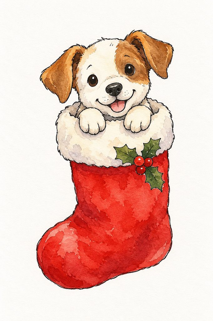 Adorable puppy in a Christmas stocking with holly for holiday cheer.