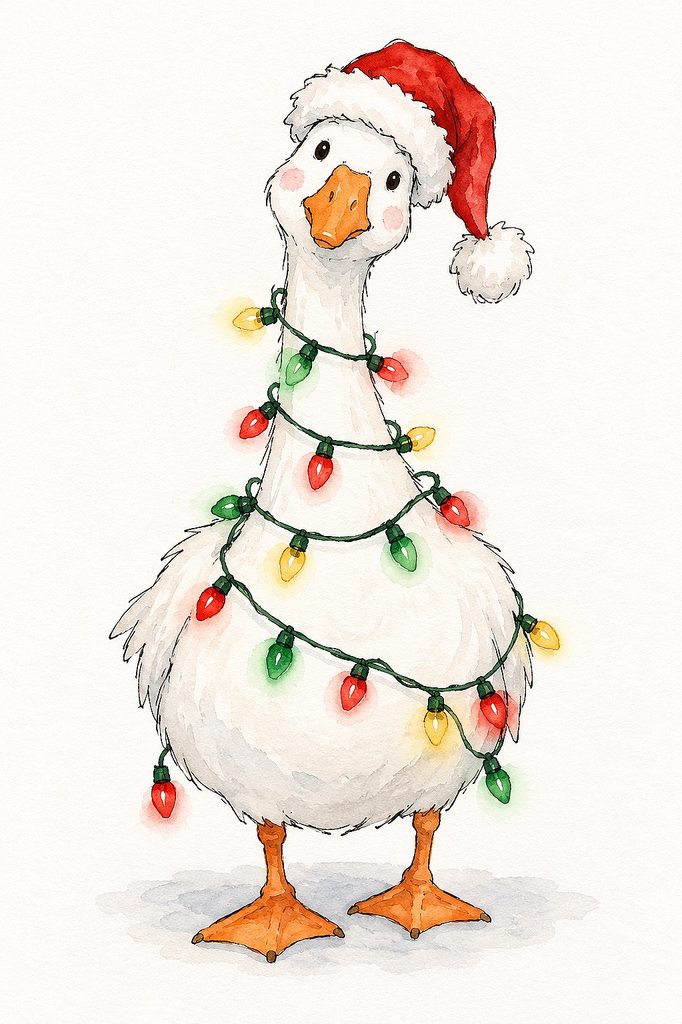 Cute watercolor duck wearing a Santa hat and Christmas lights for holiday cards.