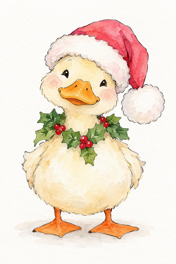 Cute watercolor duck wearing a Santa hat and holly for Christmas.