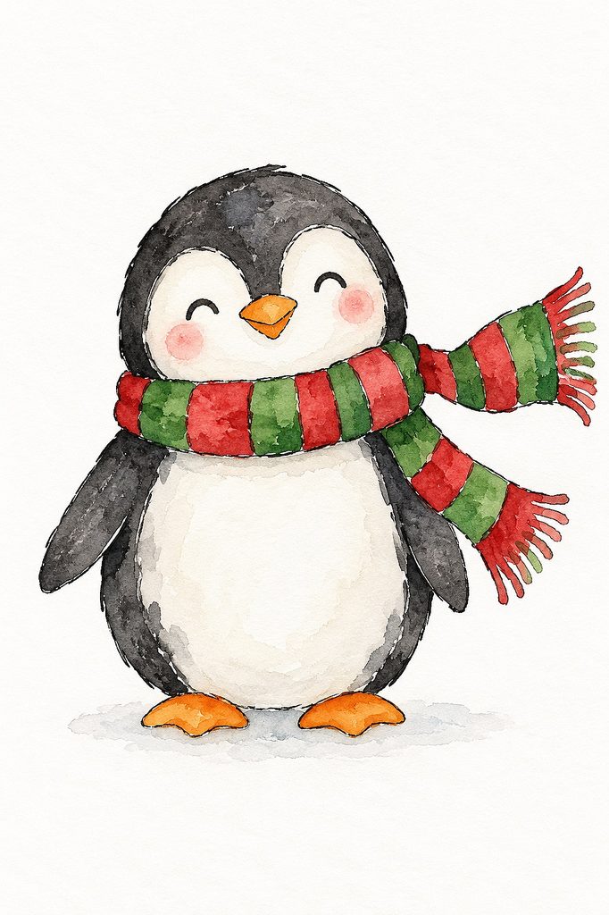 Adorable watercolor penguin wearing a red and green striped scarf for Christmas.