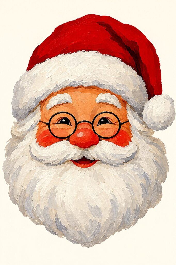 Colorful Santa face with glasses, red hat, and white beard for holiday decor.