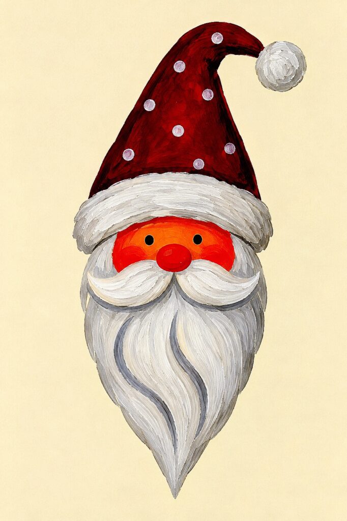 Festive Santa face with red hat, white beard, and cheerful expression.