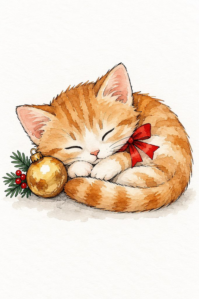 Adorable watercolor cat with a red bow and Christmas ornament for holiday cards.