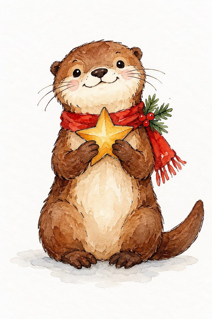 Adorable watercolor otter holding a star with a festive red scarf and holly.