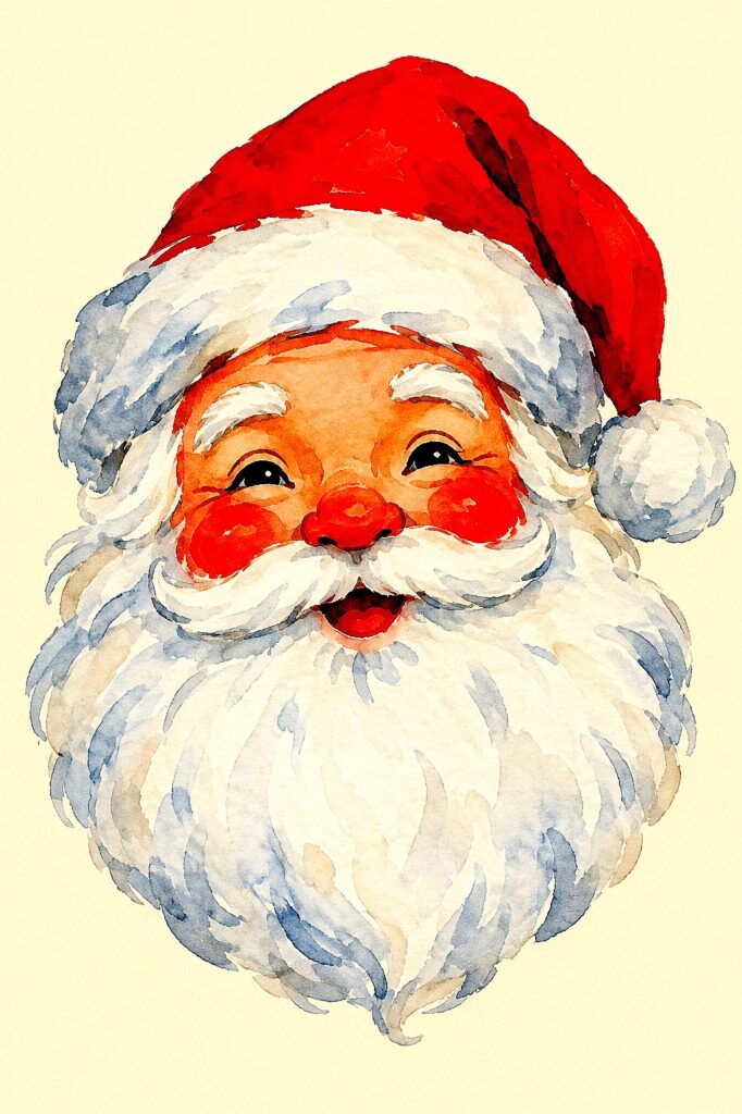 Colorful watercolor Santa face with red hat and white beard for holiday decor.