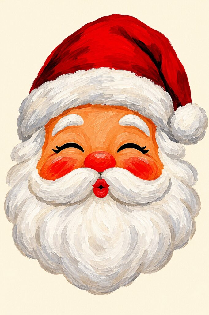 Whimsical Santa face with a red hat, white beard, and cheerful expression.