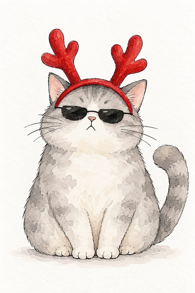 Adorable watercolor cat wearing reindeer antlers and sunglasses for Christmas.