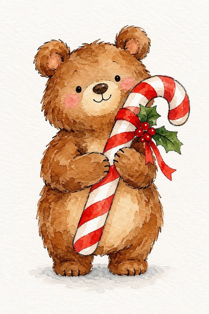 Adorable watercolor bear holding a candy cane with holly for Christmas.