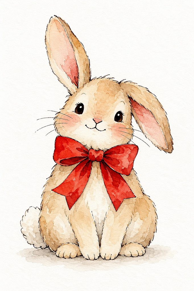 Adorable watercolor bunny with big ears and a red bow for Christmas cards.