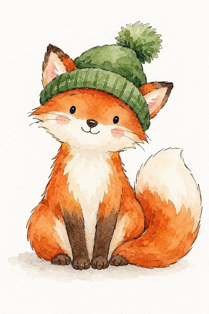 Adorable watercolor fox wearing a green knit beanie, perfect for holiday cards.